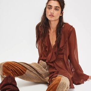 Free People Brown Ruffled Blouse